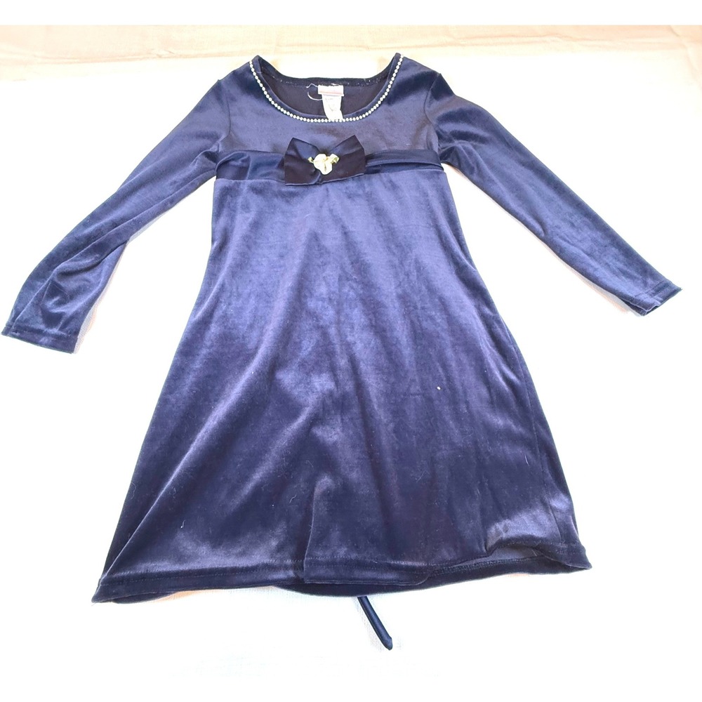 Rose Cottage Girls Navy Blue Velvet Long Sleeve Dress Pearl Neckline Bow‎ Accent